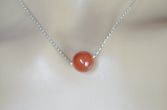 silver necklace carnelian bead, round natural red gemstone pendant, 18” chain