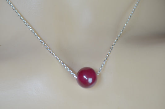 silver red ruby jade necklace, round shape bead pendant, 18” chain
