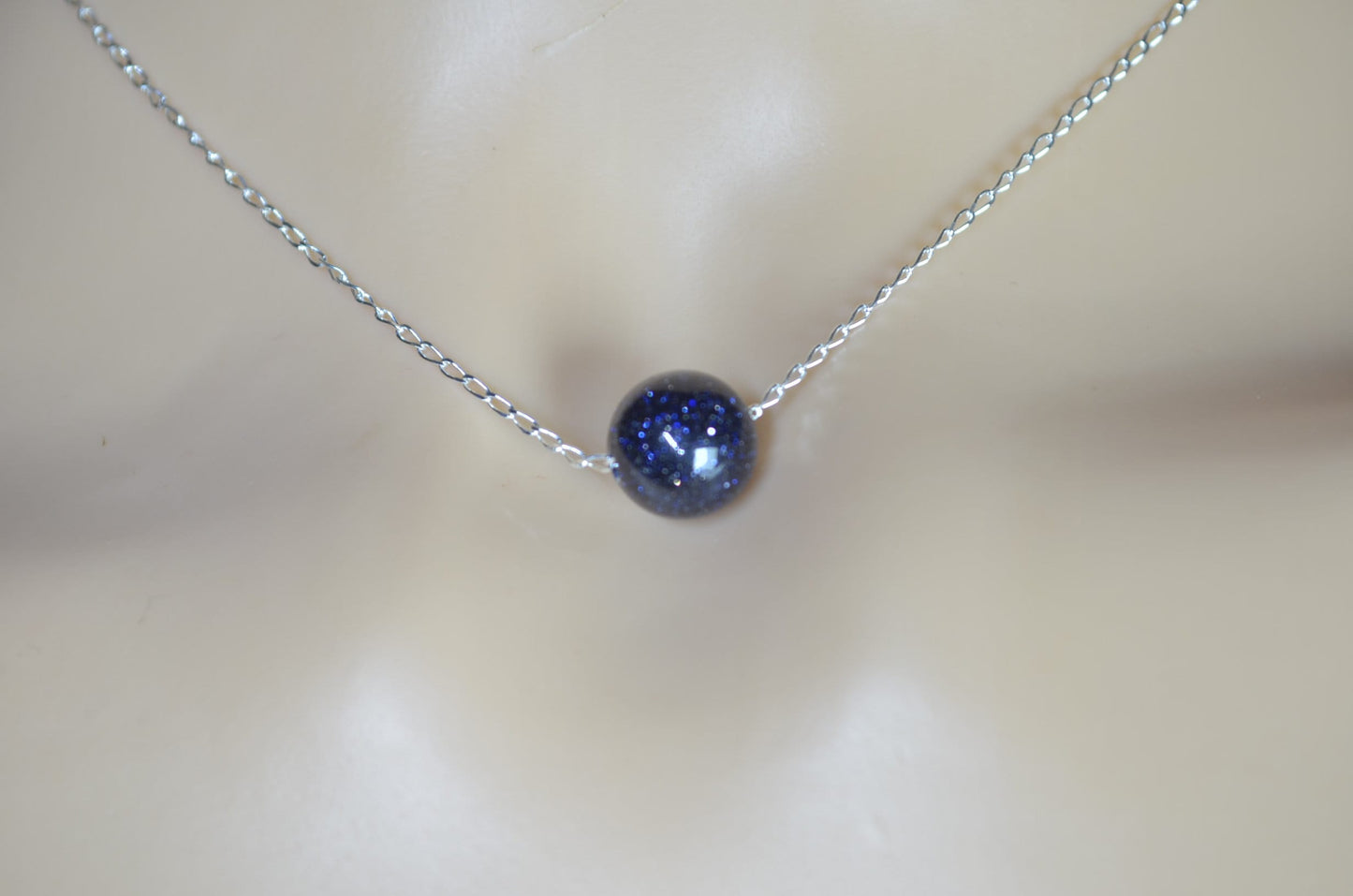 silver chain necklace blue goldstone bead, 18” chain