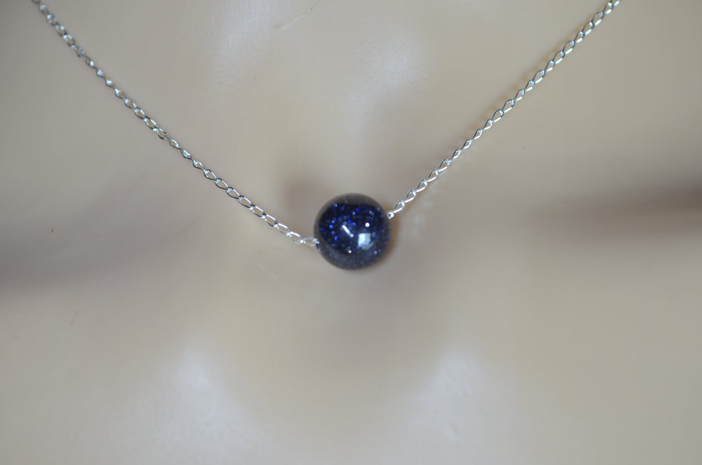 silver chain necklace blue goldstone bead, 18” chain