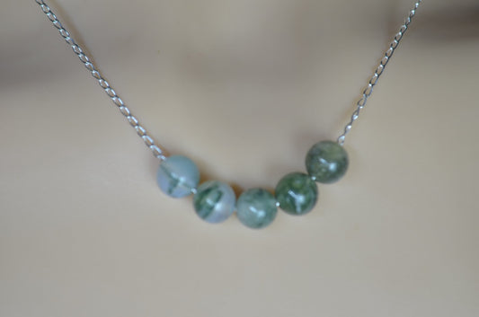 silver necklace green moss agate 5 beads, round shape natural gemstone, 18” chain