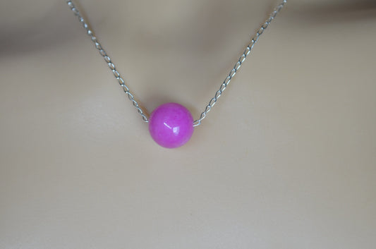 silver pink jade necklace, round shape bead pendant, 18” chain