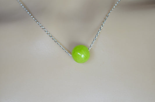 silver jade necklace, round shape bead pendant, 18” chain