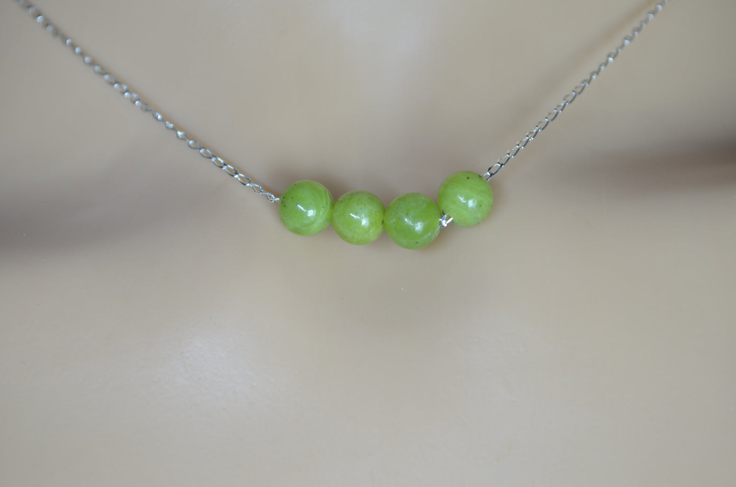 silver chain jade beads necklace, round shape bead pendant, 18” chain
