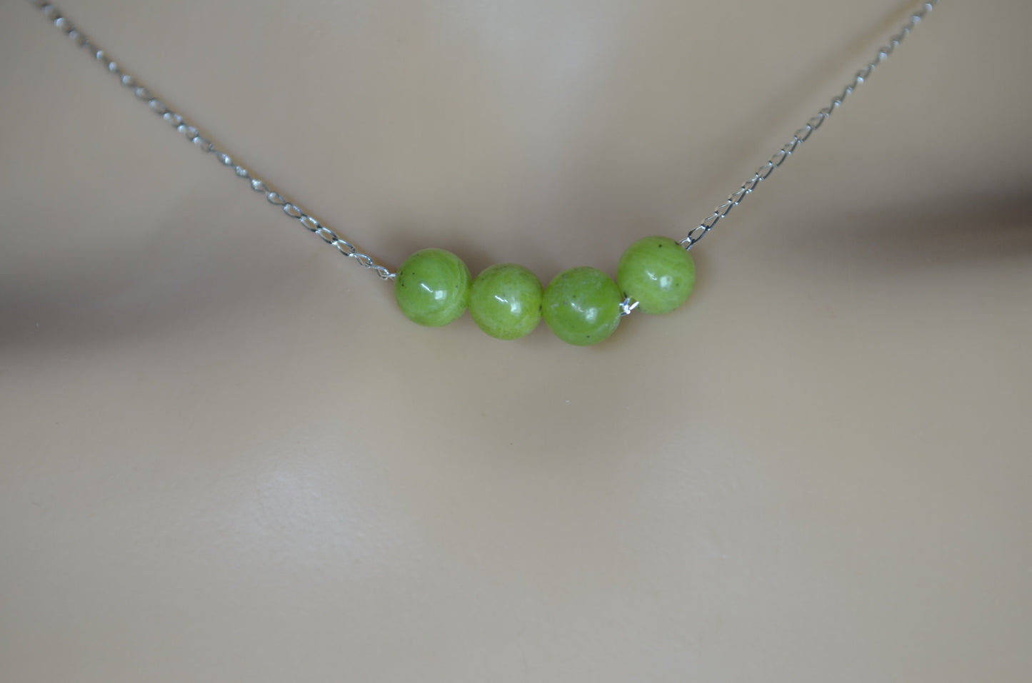 silver chain jade beads necklace, round shape bead pendant, 18” chain