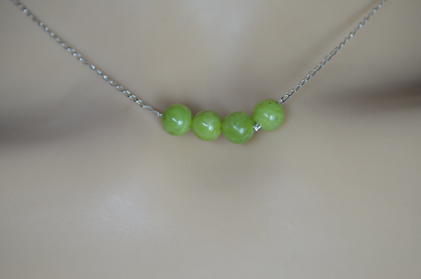 silver chain jade beads necklace, round shape bead pendant, 18” chain