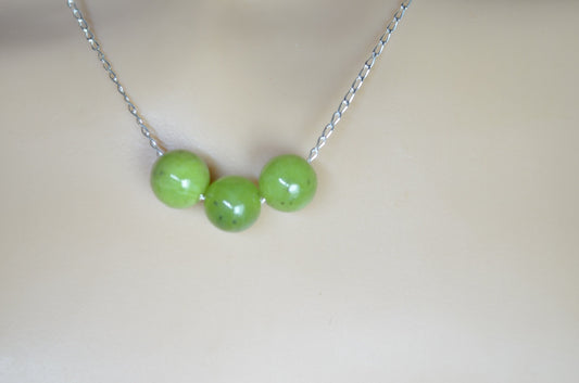 jade beads silver chain necklace, round shape bead pendant, 18” chain