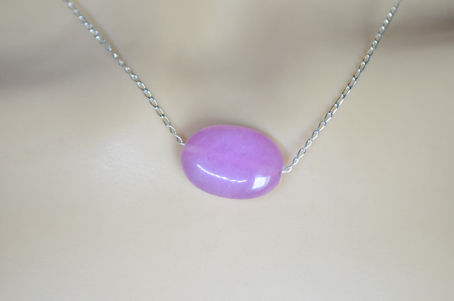pink jade silver necklace, oval shape bead pendant, 18” chain