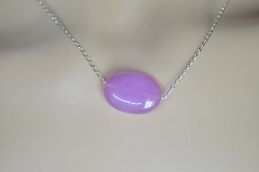 pink jade silver necklace, oval shape bead pendant, 18” chain
