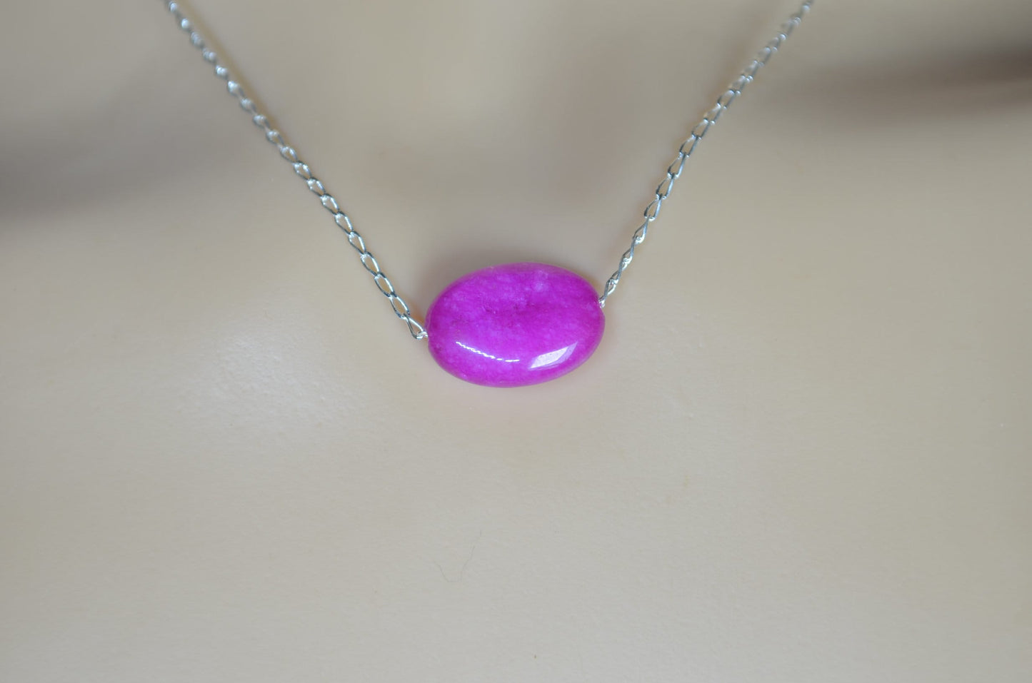silver chain necklace and oval shape pink jade bead pendant, 18” chain