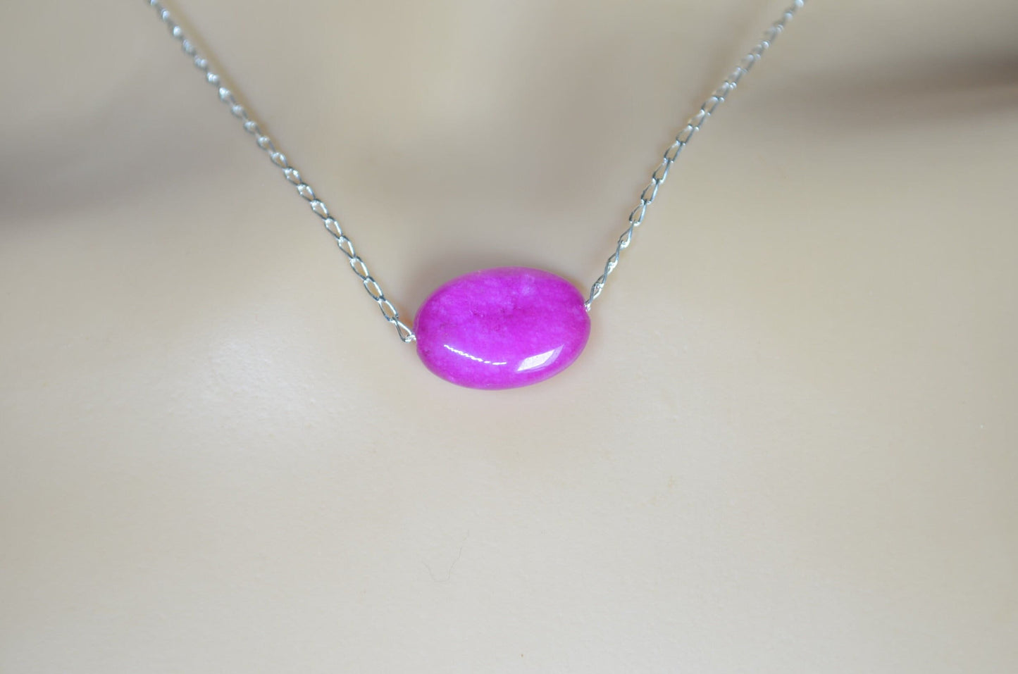 silver chain necklace and oval shape pink jade bead pendant, 18” chain
