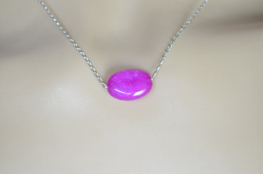 silver chain necklace and oval shape pink jade bead pendant, 18” chain