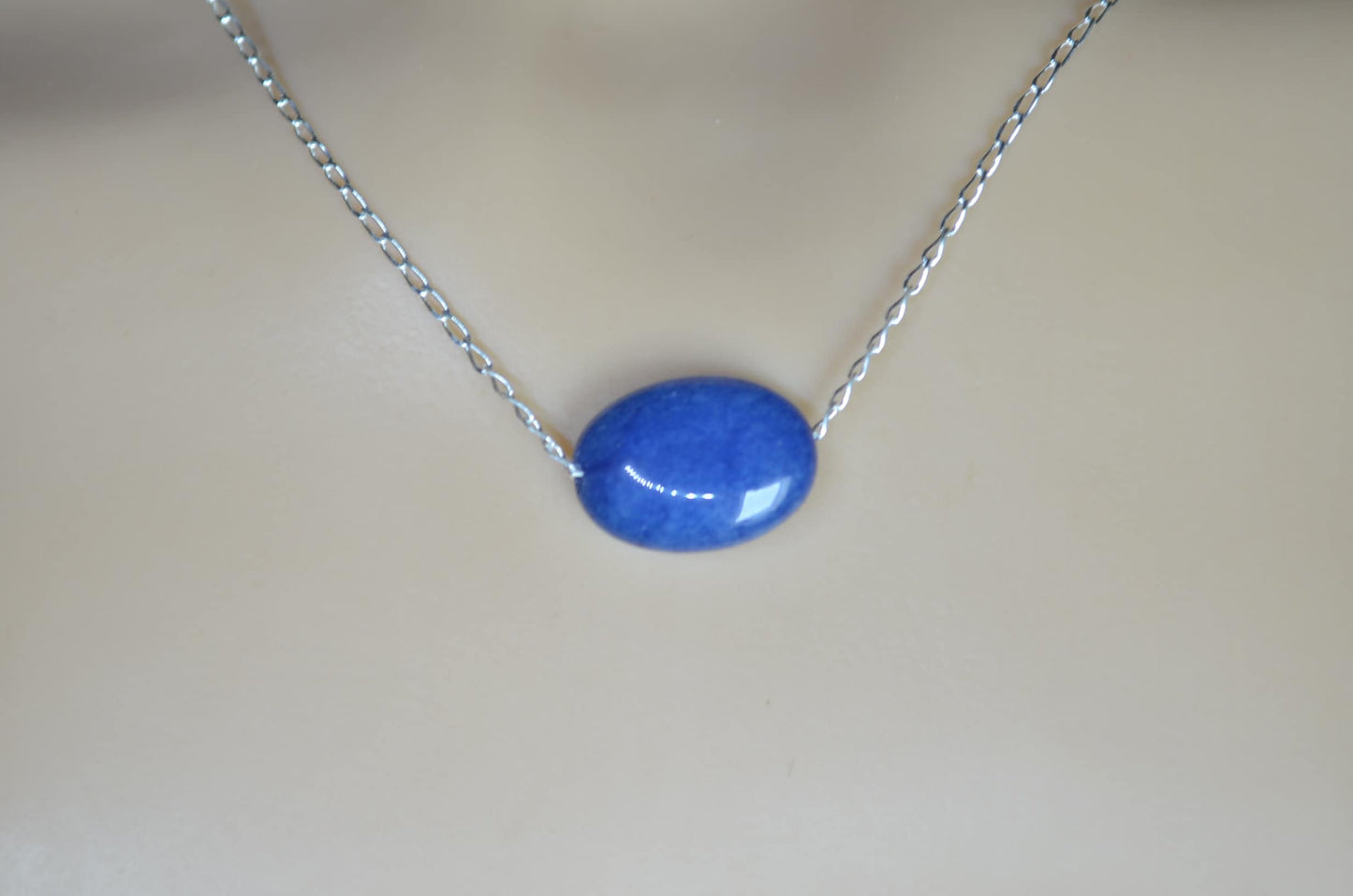 Silver blue jade necklace, oval stone bead, natural materials, 18” chain