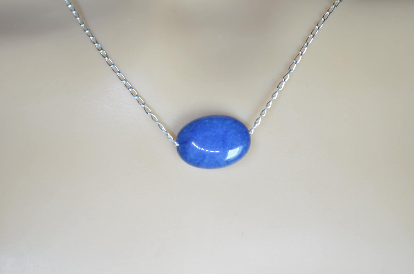 Silver blue jade necklace, oval stone bead, natural materials, 18” chain