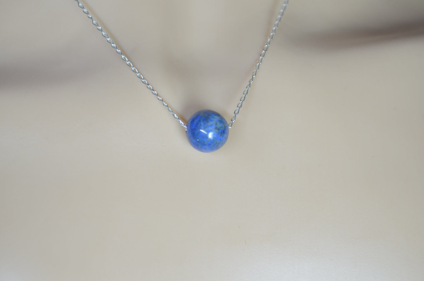 lapis lazuli silver necklace, blue round shape bead, natural gemstone, 18” chain