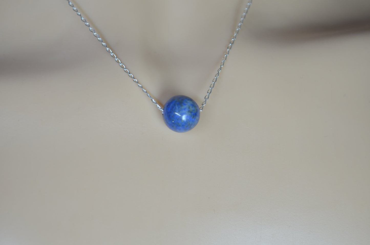lapis lazuli silver necklace, blue round shape bead, natural gemstone, 18” chain