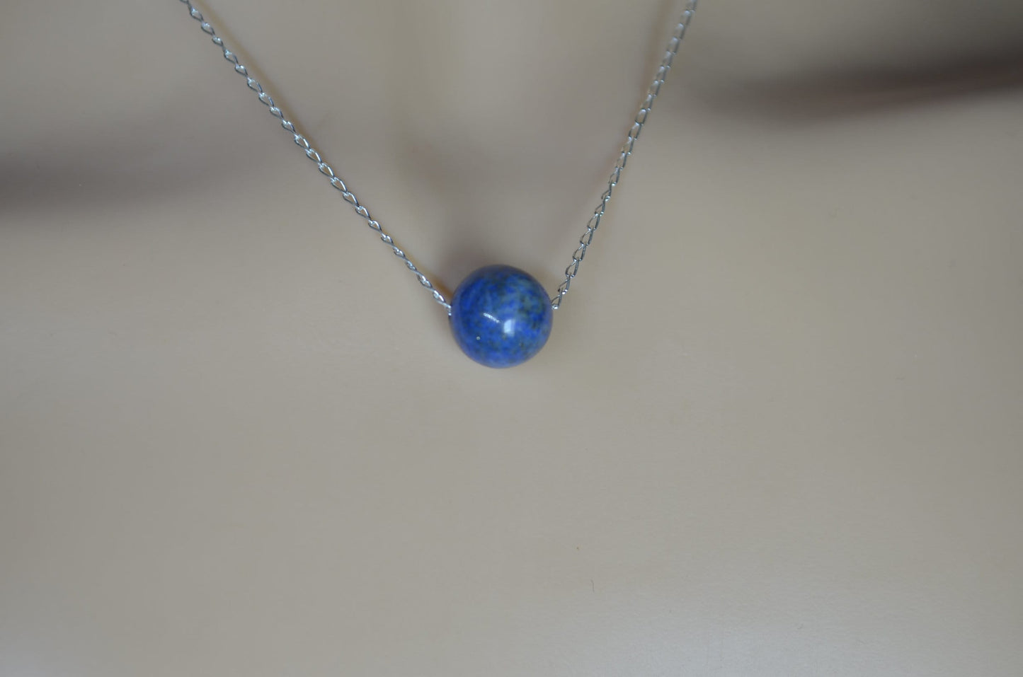 lapis lazuli silver necklace, blue round shape bead, natural gemstone, 18” chain
