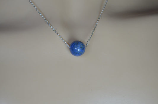 lapis lazuli silver necklace, blue round shape bead, natural gemstone, 18” chain