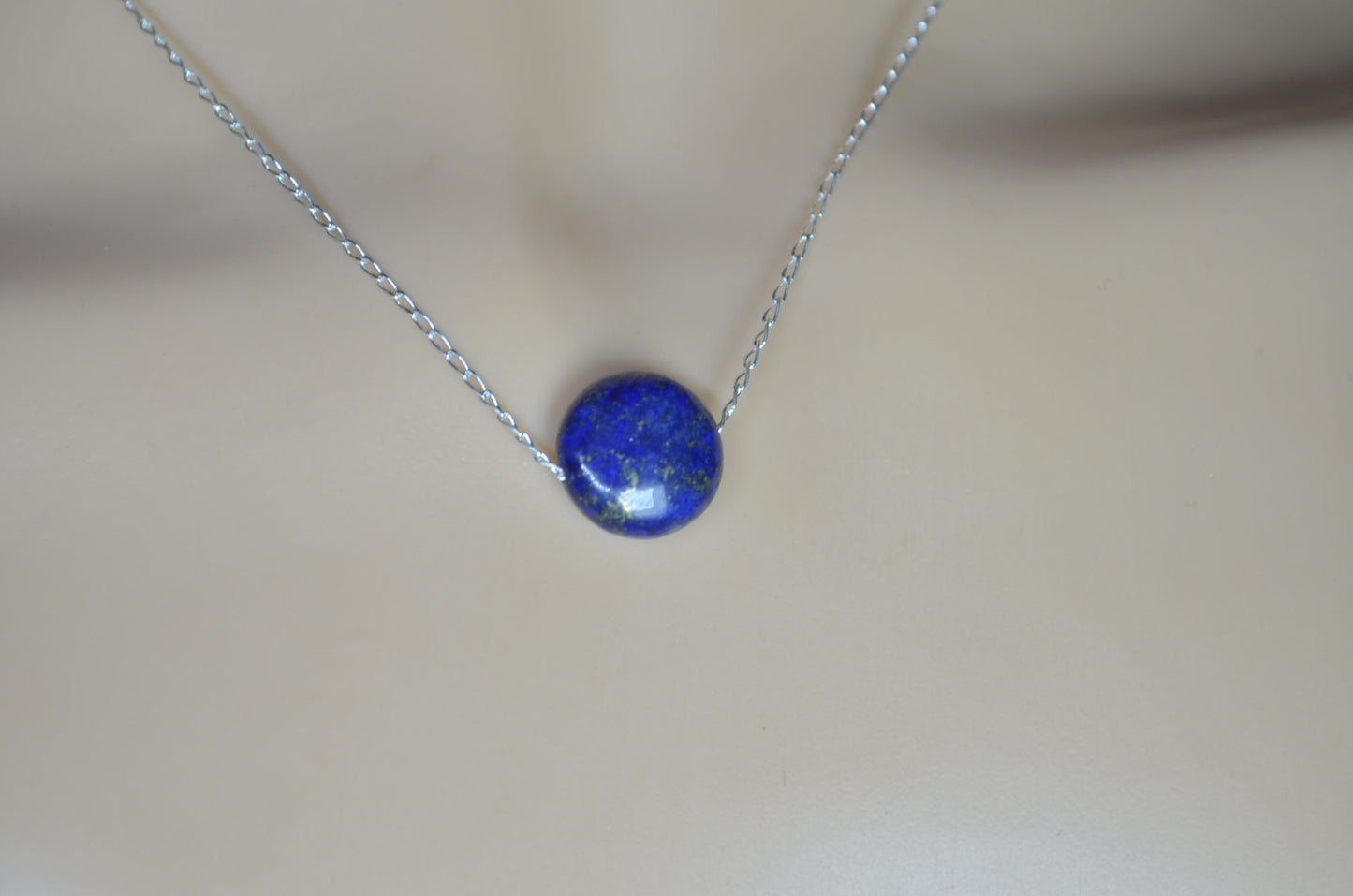 lapis lazuli silver necklace, blue circle shape bead, natural gemstone, 18” chain