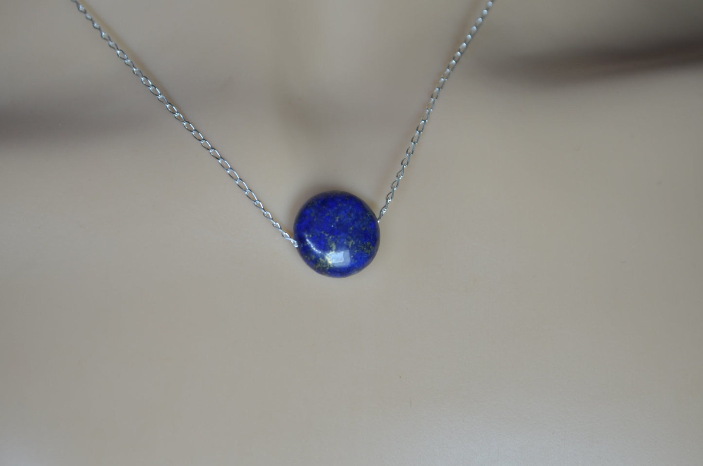 lapis lazuli silver necklace, blue circle shape bead, natural gemstone, 18” chain
