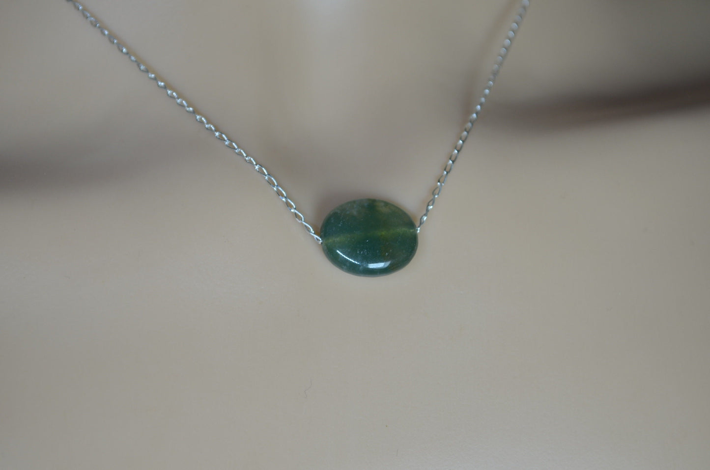silver necklace moss agate, oval shape natural gemstone, 18” chain