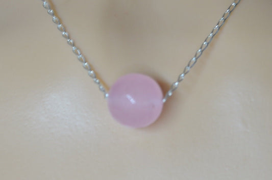 silver rose quartz, round pink pendant, natural gemstone , 18” chain