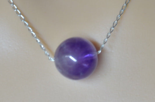 silver amethyst necklace, oval purple natural gemstone pendant, 18” chain