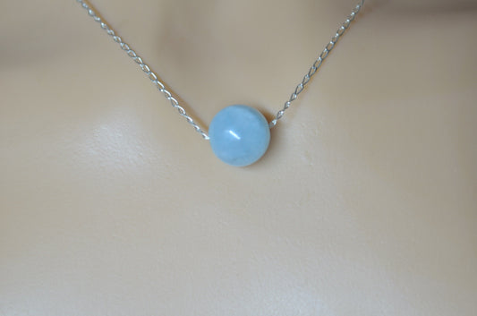 aquamarine necklace, round stone pendant, natural bell shape gemstone, 18” chain