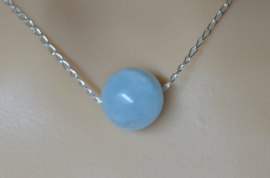 aquamarine necklace, round stone pendant, natural bell shape gemstone, 18” chain