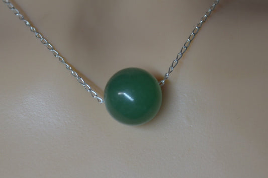 green aventurine charm pendant, silver necklace, natural round shape gemstone, 18” chain