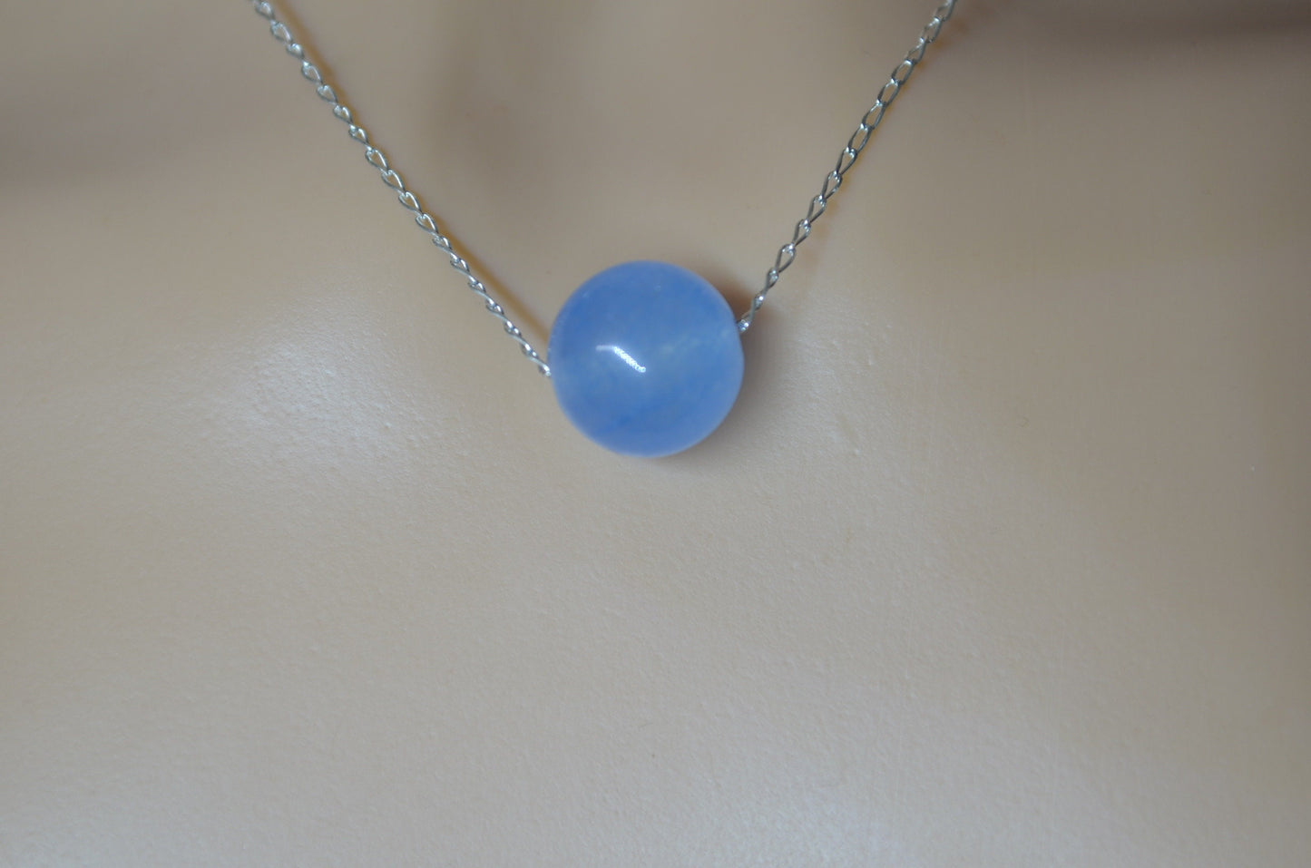 Silver blue jade bead necklace, round stone pendant, natural materials, 18” chain