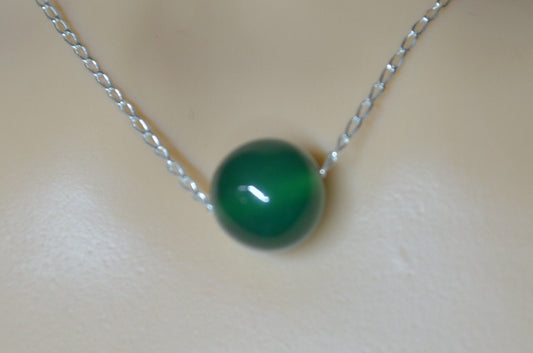 Silver necklace, green onyx bead, round shape natural gemstone, 18” chain